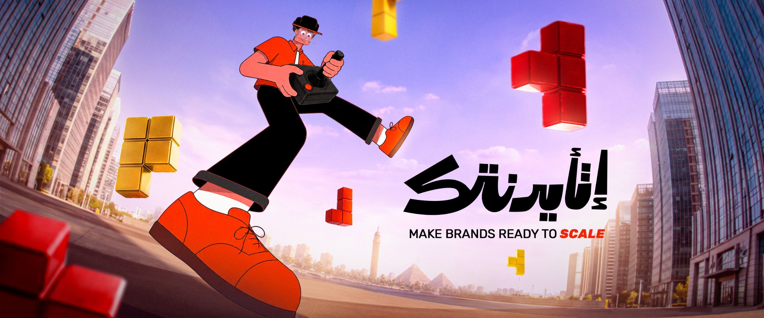 Idntik campaign artwork: a character steering block-shaped brand pieces over Cairo, with the line Make Brands Ready to Scale